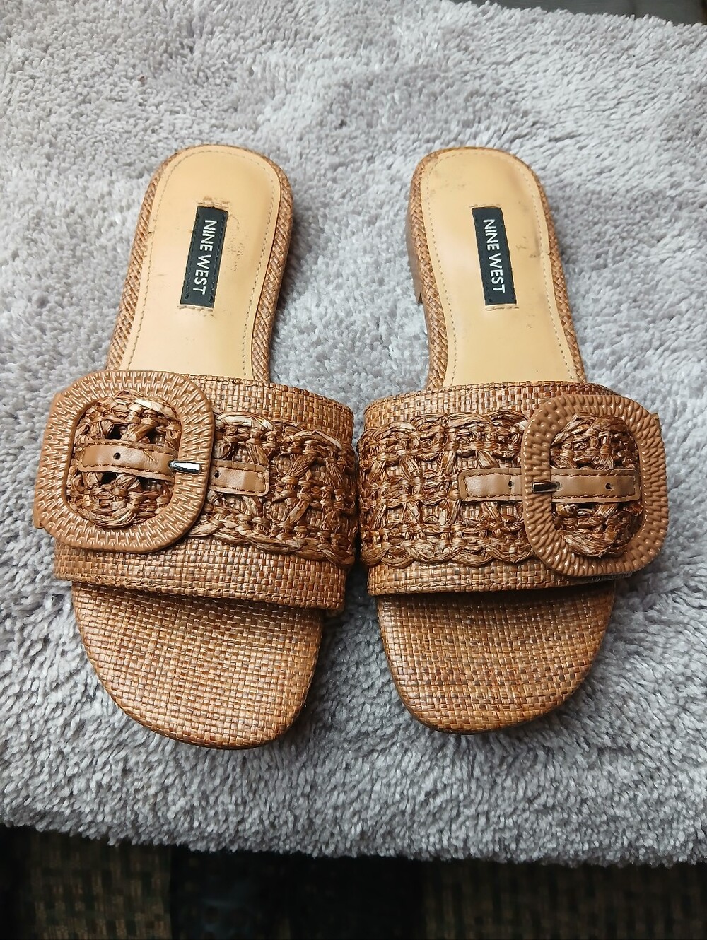 Nine West WNHAGLEIGH2 Brown Woven Buckle Slide Sandals 5M